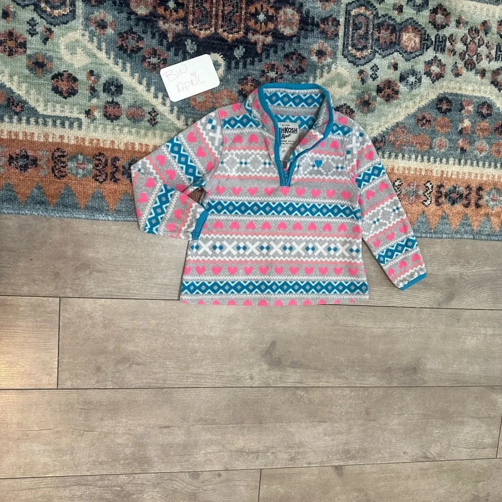 Y2K OshKosh B'Gosh Toddler Girl Fair Isle Print Pullover Sweater 3T Quarter-Zip